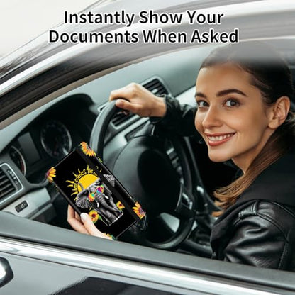 Car Registration and Insurance Card Holder, Vehicle License Documents Glove Box Compartment Organizer Wallet, ID Card Holder for Car Essentials Automobile, Elephant and Sunflowers - color: Elephant and Sunflowers