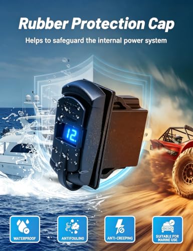 Anina USB C Rocker Switch On/Off Rocket Style Outlet 18W QC 3.0 USB A + 30W PD Charger with LED Voltmeter Display for 12V/24V RV Boat Motorcycle Marine ATV