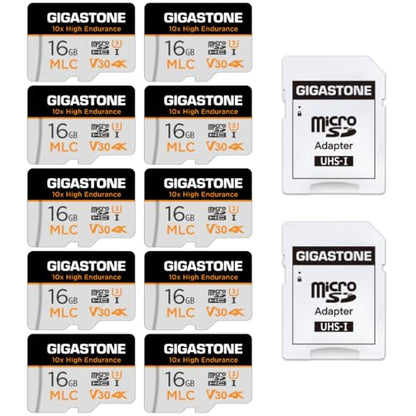 [10x High Endurance] GIGASTONE Industrial 16GB MLC Micro SD Card 10-Pack, 4K Video Recording, Security Cam, Dash Cam, Surveillance Compatible 95MB/s, U3 C10, with Adapter [5-Yrs Free Data Recovery] - color: 16GB High Endurance 10-Pack