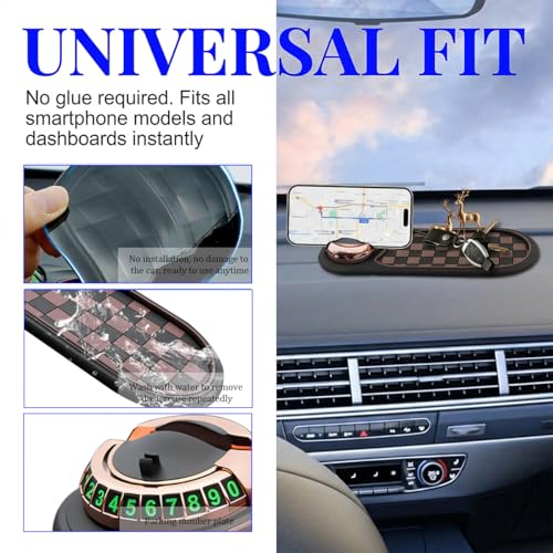 HZEL Car Dash Anti-Slip Pad, 3 in 1 Rotating Vehicle Dashboard Mat with Temporary Parking Number, Anti-Shake Auto Phone Sunglasses Keys Holder Organizer Pad, Universal Fit (Black/Brown/Gold) - color: Black/Brown/Gold
