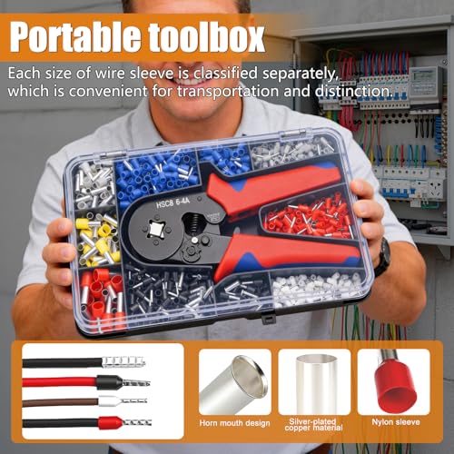 mankk 1500PCS Silver‑Plated Copper Wire End Ferrules Kit, Ferrule Crimping Ratchet Pliers AWG 23‑7, for Electricians, Automotive and DIY Electrical Work - size: 1500PCS+Tool