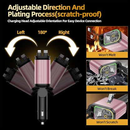 Retractable Car Charger with 31-Inch Cables 4 in 1 Fast Car Charger USB C Car Adapter with Starry Sky Light for iPhone 17 16 15 14 Car Accessories Gifts for Men Women Drivers (Pink) - color: PINK