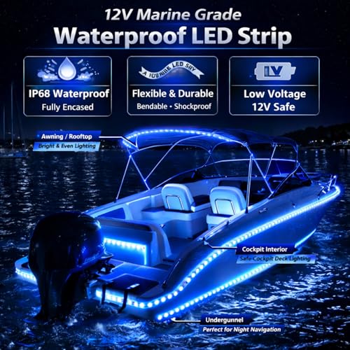 12V Marine Boat LED Light Strip Super Bright, 2 Pack 6.56FT IP68 Fully Waterproof RV Front Cap Lights, Golf Cart Underglow Roof Lights Strip for Truck ATV UTV SUV Car Pickup Trailer, Cuttable, Blue - color: Blue, size: 6.56FT