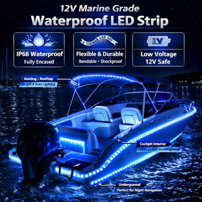 12V Marine Boat LED Light Strip Super Bright, 2 Pack 4FT IP68 Fully Waterproof RV Front Cap Lights, Golf Cart Underglow Roof Lights Strip for Truck ATV UTV SUV Car Pickup Trailer, Cuttable, Blue - color: Blue, size: 4FT