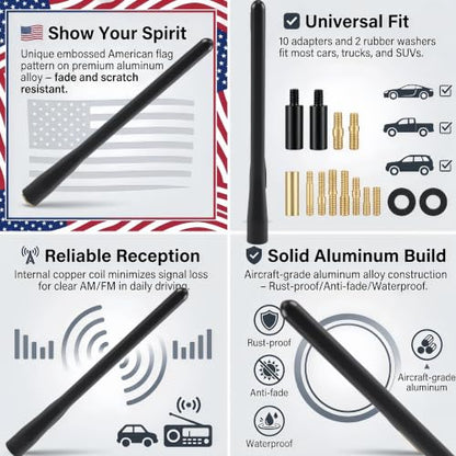 5 Inch Car Short Antenna – Aluminum Alloy American Flag Auto Radio Antenna for AM/FM Universal Replacement with 10 Adapters & 2 Washers, Fits Ford F-150 Jeep Wrangler Toyota Tacoma Honda CR-V