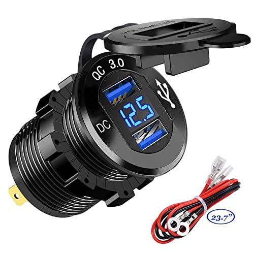 Quick Charge 3.0 Dual USB Car Charger Socket 12V/24V 36W QC3.0 Dual USB Fast Charger Aluminum Socket Power Outlet with LED Voltmeter for Marine, Boat, Motorcycle, Truck, Golf Cart - color: Blue