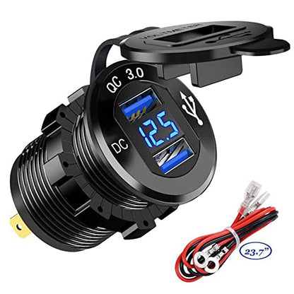 Quick Charge 3.0 Dual USB Car Charger Socket 12V/24V 36W QC3.0 Dual USB Fast Charger Aluminum Socket Power Outlet with LED Voltmeter for Marine, Boat, Motorcycle, Truck, Golf Cart - color: Blue