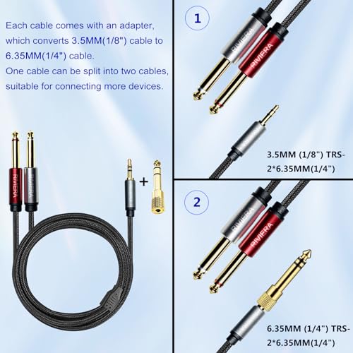 RIVIERA 6FT/1.8M Audio Cable 3.5mm 1/8" TRS to Dual 6.35mm 1/4" TS Braided Sheild Copper Wire and 24K Gold Plated Low Noise with Braided Nylon Jacket for Digital Players & Musical Instruments - color: 1/8 TRS-Dual 1/4 TS Black, size: 6FT/1.8M