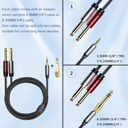 RIVIERA 6FT/1.8M Audio Cable 3.5mm 1/8" TRS to Dual 6.35mm 1/4" TS Braided Sheild Copper Wire and 24K Gold Plated Low Noise with Braided Nylon Jacket for Digital Players & Musical Instruments - color: 1/8 TRS-Dual 1/4 TS Black, size: 6FT/1.8M