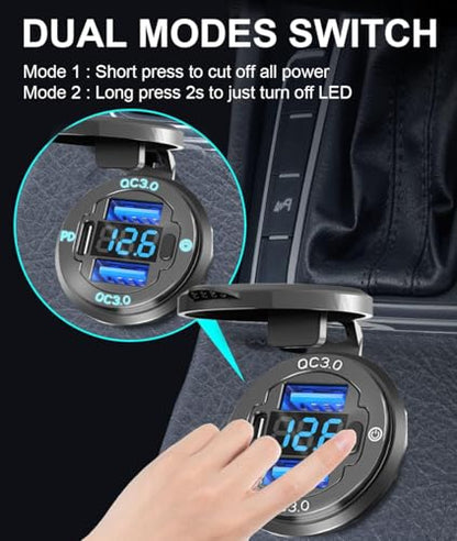 78W Triple-Port 12V USB Outlet with Voltmeter & Switch - PD3.0 & Dual QC3.0 Quick Charge Car Charger Socket, Aluminum Alloy Waterproof USB C Port for Car Boat Marine Motorcycle RV Truck ATV Golf Cart