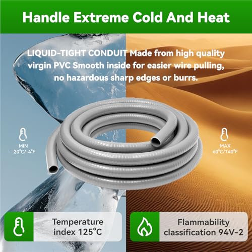 50 Foot Liquid-Tight Conduit Kit - 1/2inch Flexible Non Metallic Liquid Tight Electrical Conduit and 5 Straight and 4 Angle Fittings Included. 1/2" Dia - size: 50FT