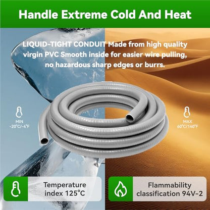 25 Ft Liquid-Tight Conduit and Connector Kit - 1/2 inch Flexible Non Metallic Liquid Tight Electrical Conduit and 4 Straight and 3 Angle Fittings Included. 1/2" Dia - size: 25FT