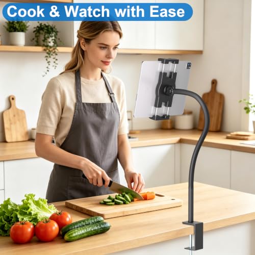 Gooseneck iPad Mount,Tablet Clamp Mount for Desk/Table/Bed/Chair/Lectern,360° Adjustable Arm iPad Mount for for Kitchen, Video Call,Reading,Work,4.7~12.9" iPad/iPhone/Nexus/LG G Pads/e-Reader/Switch