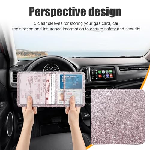Kewucn Car Registration and Insurance Holder, Leather Auto Glove Box Organizer, Vehicle Compartment Accessories Case for Cards, Driver License & Essential Documents - color: Small-Glitter Pink