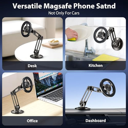 Ultra Magnetic Long-Arm Phone Holder Stand, Fits for MagSafe Car Mount Bracket【Windshield+Vent+Dash】, 360° Rotation Adjustable Strong Magnets Car Mount Desk Office Phone Cradle Holder, Black - color: Black