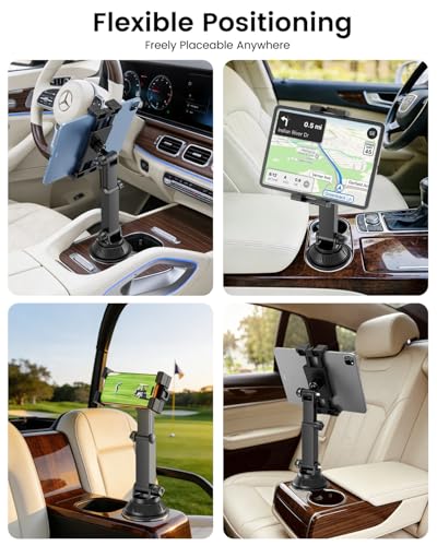 OHLPRO Car Cup Holder Tablet Mount for Truck & SUV, Heavy Duty iPad Holder for Car with Thick Case Friendly Deep Claws, 2.6-3.9" Expandable Base & Adjustable Extension Arm, Fits 5-17" Devices, Black