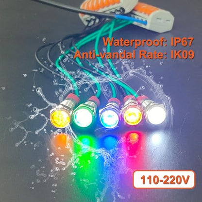 10Pcs AC 110V-220V LED Indicator Light 6mm Waterproof Metal Wide Flat Head Signal Lamp Pilot Dash Directional with Wire (White Red Yellow Blue Green)*2 - color: Mix, size: 6mm / 110V-220V