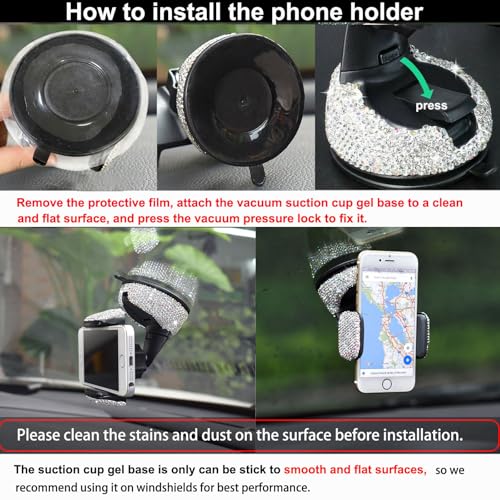 SUNCARACCL Bling Car Phone Holder with Suction Cup and Air Vent Clip - color: White