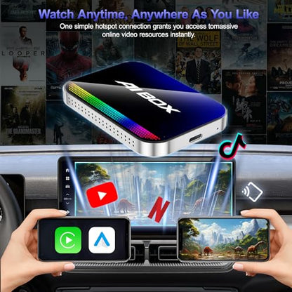 AI Box Wireless CarPlay Adapter,Magic Box with YouTube TikTok, Built-in Play Store and Screen Mirroring, Plug and Play Wireless Adapter for OEM Factory Wired CarPlay Vehicles