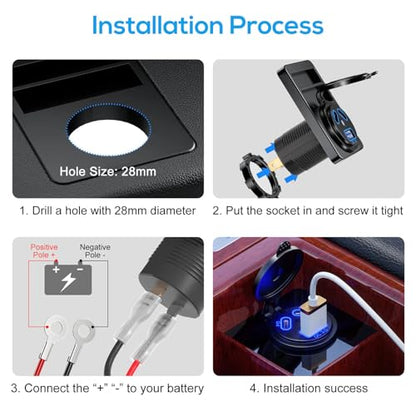 DC 12V-24V Car Charger Socket with Dual PD Type-C & QC3.0 USB Ports Waterproof Cap Fast Charger for Marine Boat Truck