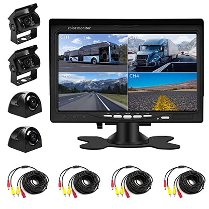 Backup Camera Kit 7 inch 4-Spilt Monitor Rear View Cameras with IP 67 Waterproof 18 IR Night Vision Car Camera for Tucks, RVs,Trailers,Bus,Vans + 4pcs 10m/393.7inch Cables Vehicle Backup Camera
