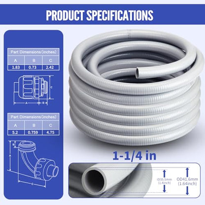 Liquid Tight Conduit 1-1/4inch 25FT,Flexible Non-Metallic Liquid Tight Flex Electrical Conduit and Connector Kit with 5 Straight and 3 90-Degree Conduit Connector Fittings - size: 1-1/4inch 25FT