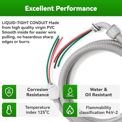 Power Whip Assembly Kit -1/2" x 6ft Non-Metallic Liquid Tight with 10 Gauge Wire Electrical AC Whip Kit Flexible Electrical Conduit & straight/90°Fittings