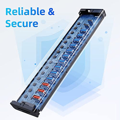 VANGREE Powered USB Hub 10Gbps, 17 Ports USB 3.2 Hub, 96W Power Adapter - color: Silver