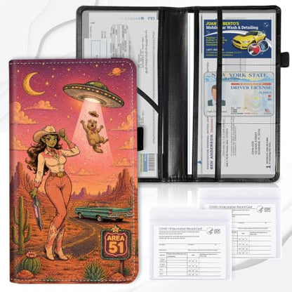 Car Registration and Insurance Card Holder Wallet, Alien Cowgirl Pink Vehicle Document Organizer for Glove Box, Auto License & ID Card Holder Case, Slim Multi-Slot Car Paper Organizer - color: Desert Alien Cowgirl Pink