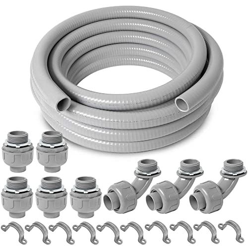 (1 inch Dia * 50 Feet) Yariwiz Flexible Electrical Conduit Liquid Tight PVC Conduit Kit with 5 PCS Coupling, 3 PCS Elbow and 10 PCS Strap, Sealtight Seal Flex Liquidtight Outdoor Non Metallic Grey - style: 1"-50ft Kit-Grey