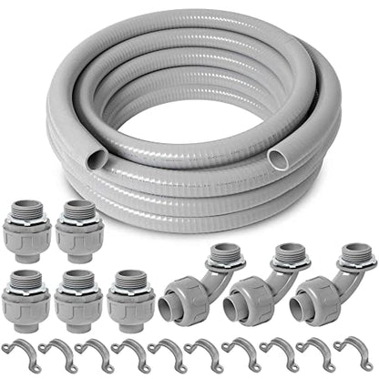 (1 inch Dia * 50 Feet) Yariwiz Flexible Electrical Conduit Liquid Tight PVC Conduit Kit with 5 PCS Coupling, 3 PCS Elbow and 10 PCS Strap, Sealtight Seal Flex Liquidtight Outdoor Non Metallic Grey - style: 1"-50ft Kit-Grey