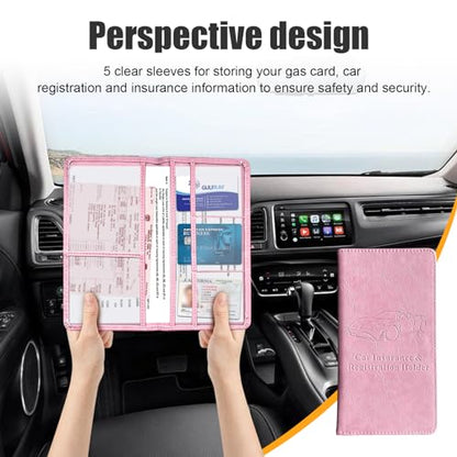 Kewucn Car Registration and Insurance Holder, Leather Auto Glove Box Organizer with Magnetic Shut, Vehicle Compartment Accessories Case for Cards, Driver License & Essential Documents - color: Large-Pink