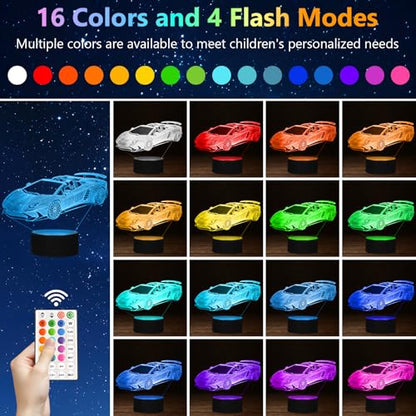 16 Colors Car Night Light, 3D LED Night Lamp for Boy, Remote Control - color: 16 Colors Car Night Light