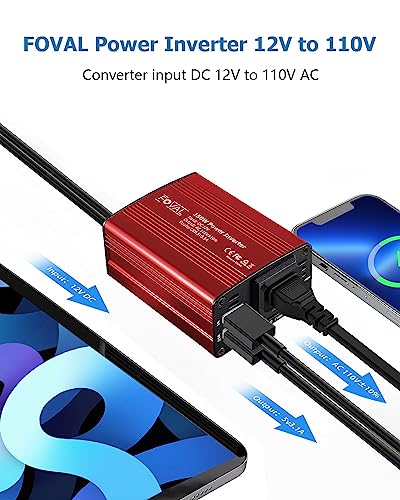 FOVAL 150W Car Power Inverter 12V DC to 110V AC Converter Vehicle Adapter Plug Outlet with 3.1A Dual USB Car Charger for Laptop Computer (Classic Red) - color: Classic Red