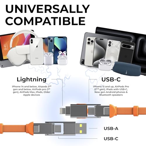 Rolling Square inCharge XS - 240W 4in1 Keyring Cable | Fast Charging & Data Transfer | Universal USB C/Lightning/USB Cable with Metal Housing | N52 Magnets | Eco-Friendly | Orange - style: Orange