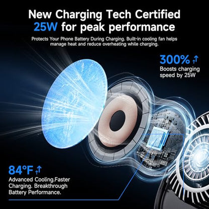 for 25W MagSafe Car Mount Charger with Cooling Fan, Magnetic Wireless Car Charger, Suction Cup & Vent Attachment Phone Holder, 25W Fast Charging Car Cooling Phone Mount for iPhone 17/16,S26 Ultra
