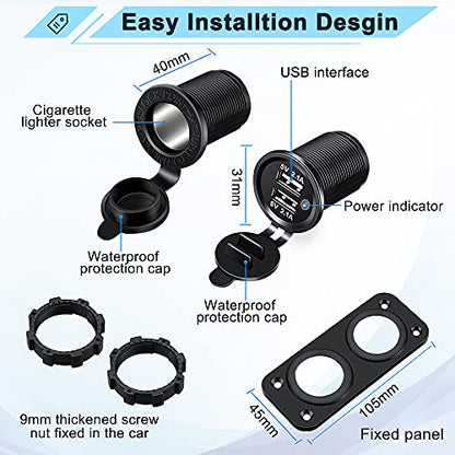 ELECTOP Cigarette Lighter Socket Outlet Splitter, 12V USB Outlet USB Charger 12 Volt Socket Power Outlet with LED, Waterproof Power Socket Panel Adapter DIY Kit Dual USB Ports for Car Boat Marine RV