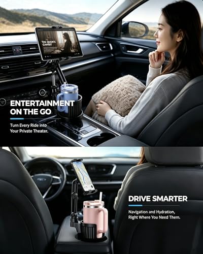 2-in-1 Cup Holder Tablet Mount Expander, 15" Adjustable Arm & 360° Rotation Heavy Duty Car Tablet Holder for iPad iPhone Smartphones, Universal Fit for Most Bottles in Car SUV Truck