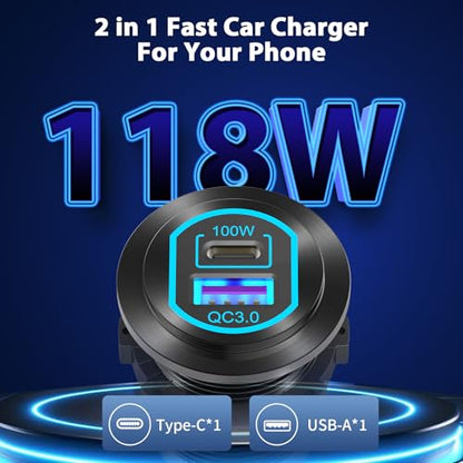 12 Volt USB C Outlet PD 100W Car USB Port for Laptop and QC3.0 18W Car Charger Socket Aluminum Alloy, Fast Charging Cigarette Lighter Replacement DIY Accessary for RV MarineTruck Boat Golf