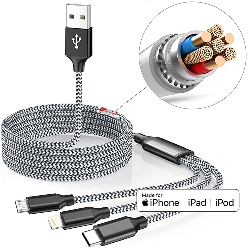 Multi Charging Cable,USB Universal 3 in 1 Charger,2Pack 4ft Car Cord - color: Grey/Black-4FT-2Pack