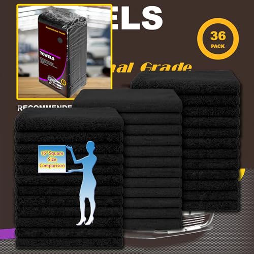 Black Microfiber Cleaning Towels, 36-Pack Dual-Sided Ultra Soft Plush Washcloth, Professional Grade Premium Microfiber Detailing Cleaning Cloths, Car, Household and Commercial (Black, 16" x 16") - color: Black