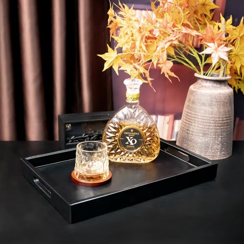 25 x 18 inches Leather Ottoman Serving Tray with Hole Handles, Rectangle Large Modern Service Tray for Living Room, Coffee Table, Bed, Tea, Food, Butler Countertop, Kitchen, Dinner, Picnic (Black) - color: Black, size: 25" x 18" x 2"