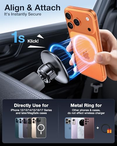 Miracase for MagSafe Car Mount with Metal Hook Clip, Magnetic Phone Holders for Car Phone Holder, Compatible with Garmin GPS Fit iPhone Android and All Smartphones, Matte Black