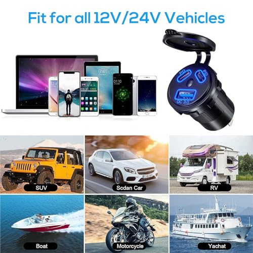 DC 12V-24V Car Charger Socket with Dual PD Type-C & QC3.0 USB Ports Waterproof Cap Fast Charger for Marine Boat Truck
