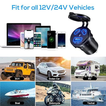 DC 12V-24V Car Charger Socket with Dual PD Type-C & QC3.0 USB Ports Waterproof Cap Fast Charger for Marine Boat Truck