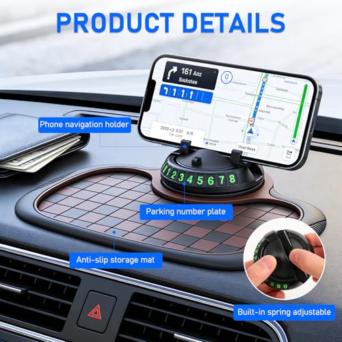 Multifunction Car Anti Slip Mat, 360° Rotatable Phone Holder Dashboard Pad with Temporary Parking Number, Organizer for Phone Sunglasses Keys (Black and Brown Plaid) - color: Black and brown plaid