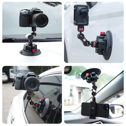 4.5in Camera Suction Cup with Aluminum Ball Head Magic Arm, 1/4" ARRI Holes Car Camera Mount Compatible with DJI Gopro Insta360 Phone Action Camera with Phone Holder - style: 4.5in