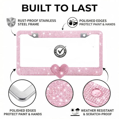 1 Pack Pink Bling License Plate Frame with Pink Rhinestone Heart - color: Pink Frame+Pink Heart