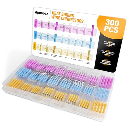 300PCS Waterproof Heat Shrink Wire Connector Kit – Copper Crimp Terminals with Butt, Ring, Fork, Spade & Quick Disconnect, AWG 22-10, for Marine, Automotive, Boat & ATV Wiring