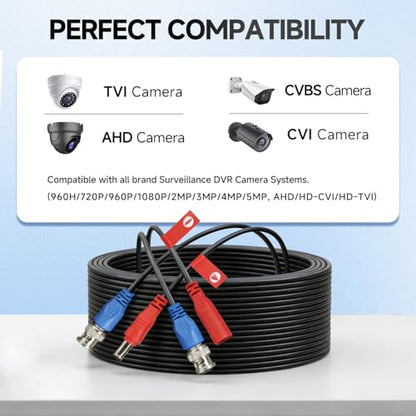 16.4FT/5M All-in-One Video Power Cable, Premade BNC Video Power Cable Extension Wire for CCTV Security Camera DVR Surveillance Systems, with BNC RCA Connectors & Cable Clips (Black) - size: 16.4ft